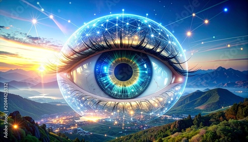 Giant human eye inside a glowing digital sphere hovering over a scenic mountain landscape at sunrise