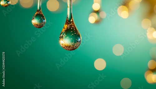 Shiny green drops with gold bokeh on a gradient backdrop