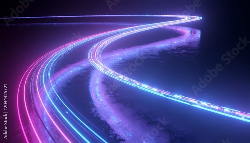 Neon trails of light curve across a dark surface