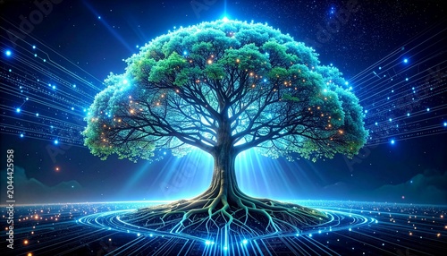 Glowing magical tree of life with bioluminescent foliage and digital data roots in deep blue cosmic space