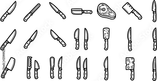 Schilderij op canvas Black and White Line Art Icons of Various Knives and Meat Cleaver for Food Indus
