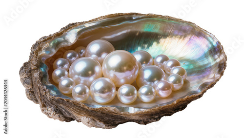 Photography Oyster shell filled with lustrous pearls of various sizes
