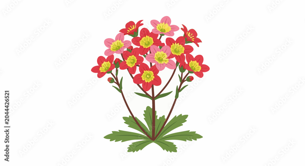 Fototapeta premium Bright red and pink flowers with yellow centers bloom on green stems