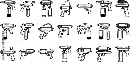 Black and White Line Art of Various Water Guns, Toys, and Spray Bottles