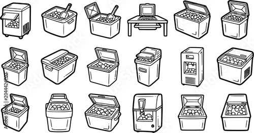 Foto Black and White Line Art Icons of Ice Coolers and Ice Machines for Food Service