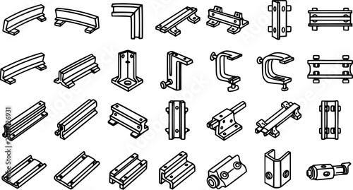 Photos Black and White Line Art Vector of Various Metal Industrial Fasteners and Connec