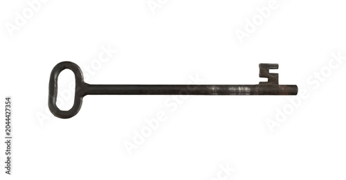 Antique iron skeleton key resting on clean white with weathered dark metal finish. Classic elongated design with ornate loop handle. For security, mystery, and vintage concepts.
