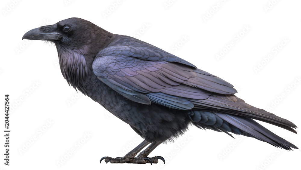 Naklejka premium Black raven bird with iridescent purple blue feathers