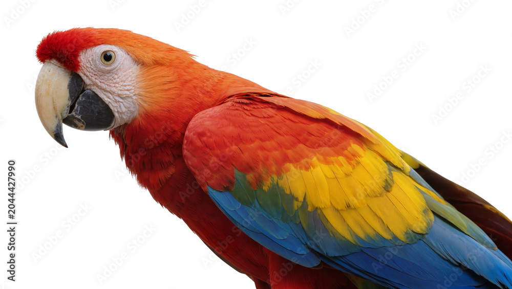 Fototapeta premium Scarlet Macaw parrot with vibrant red yellow, and blue feathers