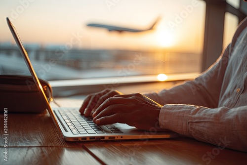 Person typing on laptop near airport window with airplane taking off