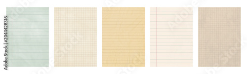 Vintage lined and grid graph checkered paper texture collection, aged notebook pages, retro stationery background