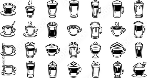 Foto Black and White Line Art Collection of Coffee Drinks in Various Glasses and Cups