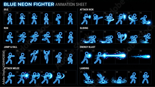 Bild auf Leinwand Futuristic sword combat animation guide showing slash, thrust, and overhead strike attack sequences with glowing blue energy effects