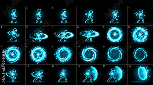 Futuristic sword combat animation guide showing slash, thrust, and overhead strike attack sequences with glowing blue energy effects.