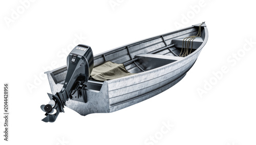 Canvas Print Aluminum fishing boat with outboard motor and rope