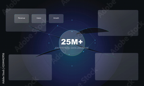 A futuristic graphic illustration of a blue night sky with a large circle and text