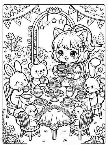 Whimsical kawaii-style black-and-white illustration of cute chibi characters enjoying a magical tea party under floral archway with heart decorations, soft monochromatic aesthetic, cozy vintage vibe