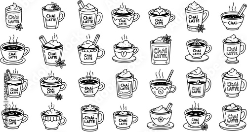 Tableau sur toile Food  Beverage Black  White Line Art: Hand-drawn Chai Latte Mugs and Cups Collection