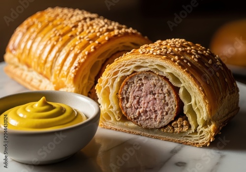 Freshly baked sausage roll with mustard dip