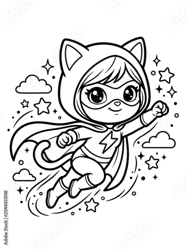 Whimsical kawaii catgirl superhero illustration with dynamic pose, celestial stars, and playful lighting effects in monochromatic line art style