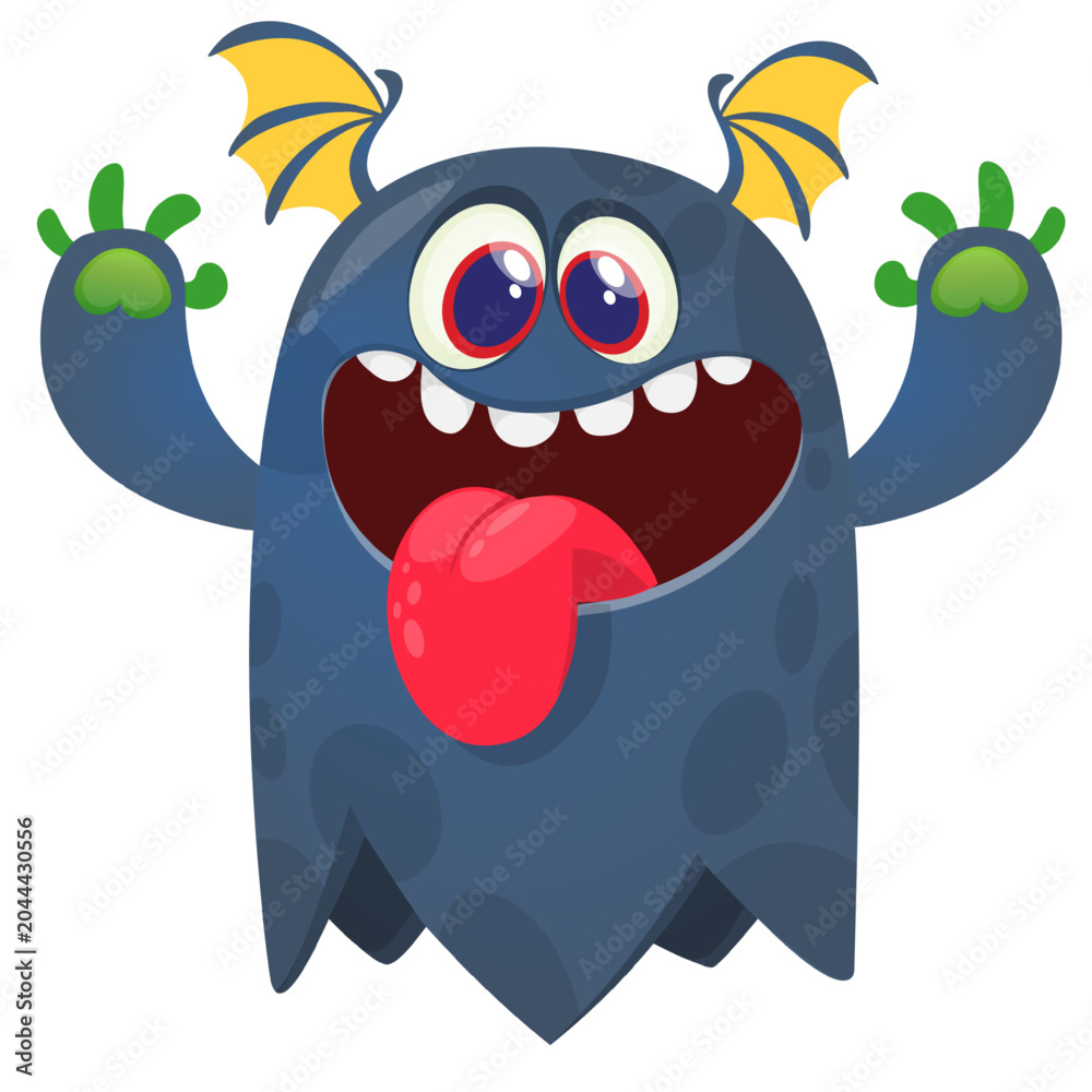 Fototapeta premium Cartoon cute and funny monster creature character design with scary horns and face expression waving hands . Vector illustration. For Halloween party decoration design