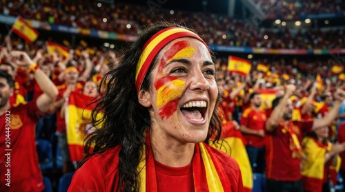 Excited spanish female football fan cheering with face paint and scarf in a crowded stadium during a match