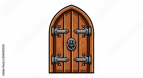 Gothic wooden door with metal ring pull and ornate hinges