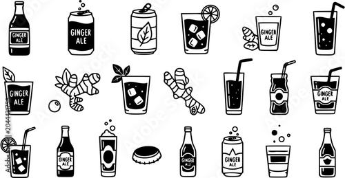 Bild auf Leinwand Food and Drink Black and White Line Art Doodle Icons Set featuring Ginger Ale beverages, bottles, cans, glasses, and ginger root illustrations