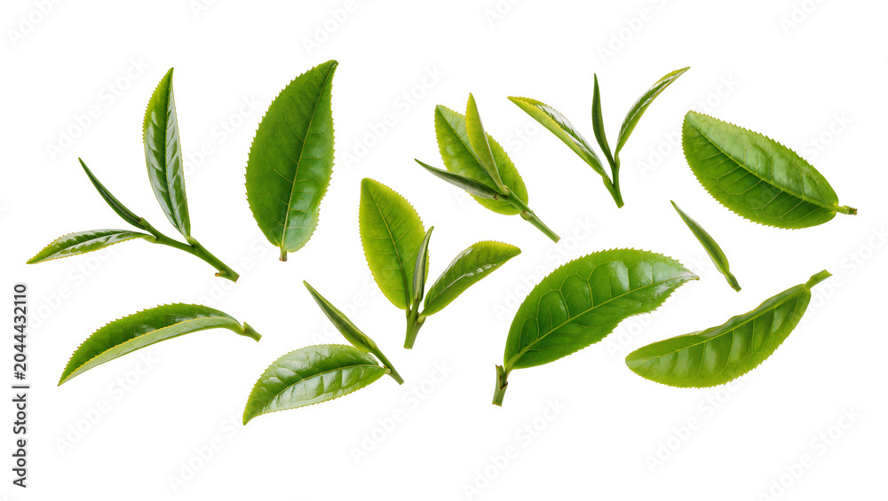 Fototapeta premium Fresh green tea leaves and sprigs on white
