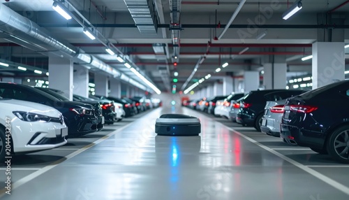 Autonomous Cleaning Robot Moving Through Modern Underground Parking Garage