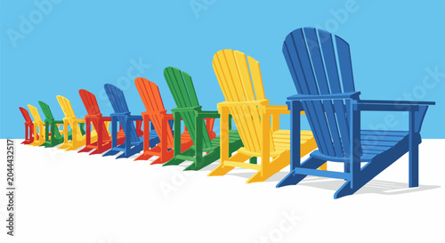 A row of colorful wooden Adirondack chairs sits on a white surface against a blue sky