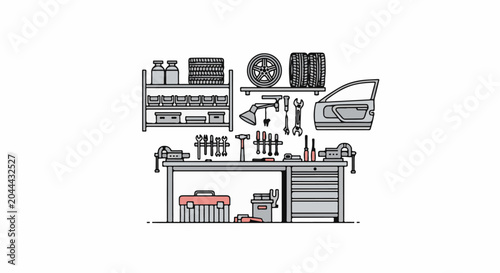 A schematic illustration of a car repair workbench with tools and parts
