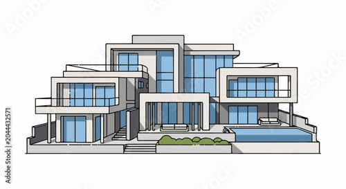A modern multi-story house with expansive windows, balconies, and a pool