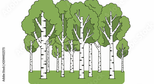 A group of stylized trees with white trunks and green foliage stands on a green field