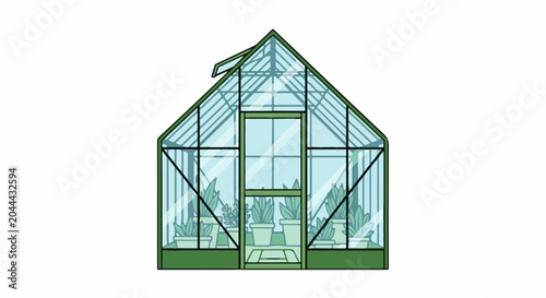 A detailed illustration of a classic greenhouse filled with potted plants