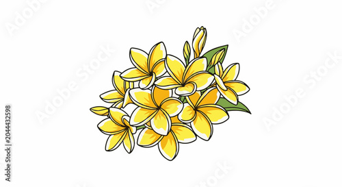 A cluster of yellow flowers with green leaves on a white background