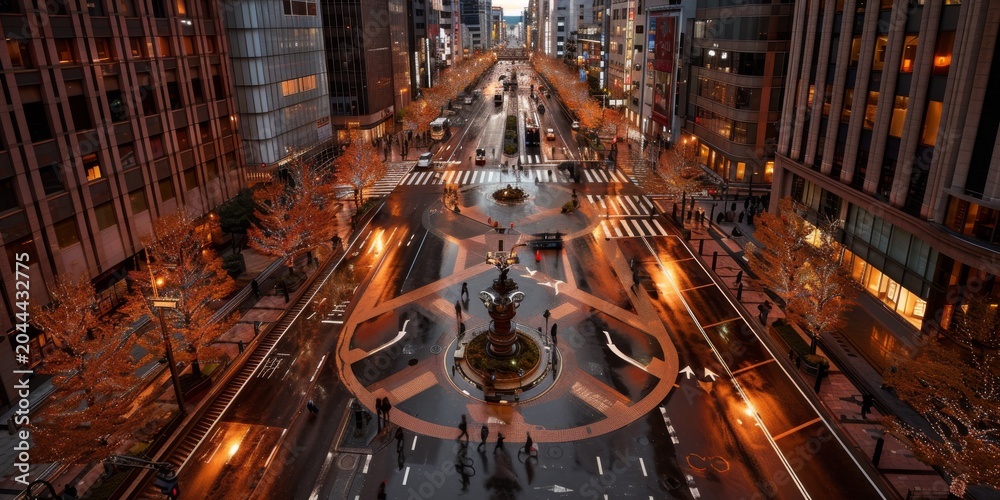 Fototapeta premium Aerial view of midosuji street in osaka at dusk with christmas lights