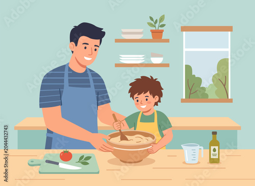Father and Son Cooking Together in Kitchen – Happy Father’s Day Flat Vector Illustration