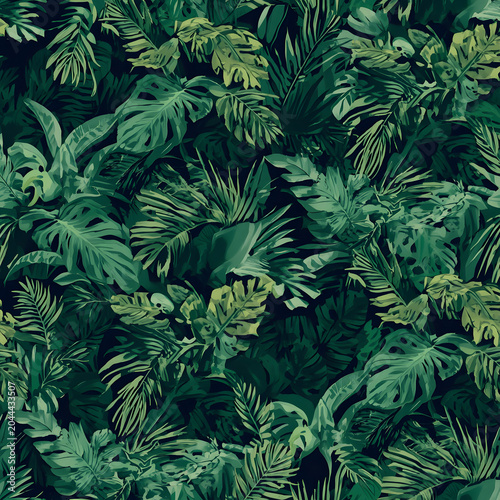 Seamless Tropical Nature and Foliage Pattern with Lush Green Leaves Background Design
