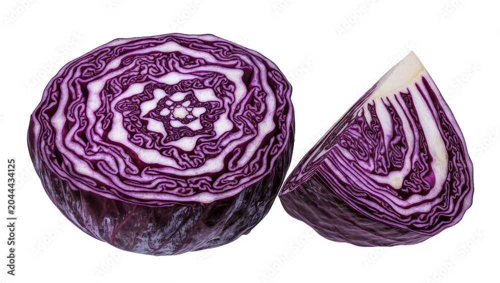 Fototapeta premium Red cabbage cut in half and wedge showing layered purple and white interior