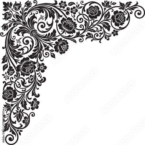 Vintage Rose Floral Corner Ornament Vector Design.