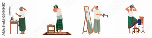 Tableau sur toile Flat Illustration Set of Men Performing Grooming and Skincare Routines While Wea