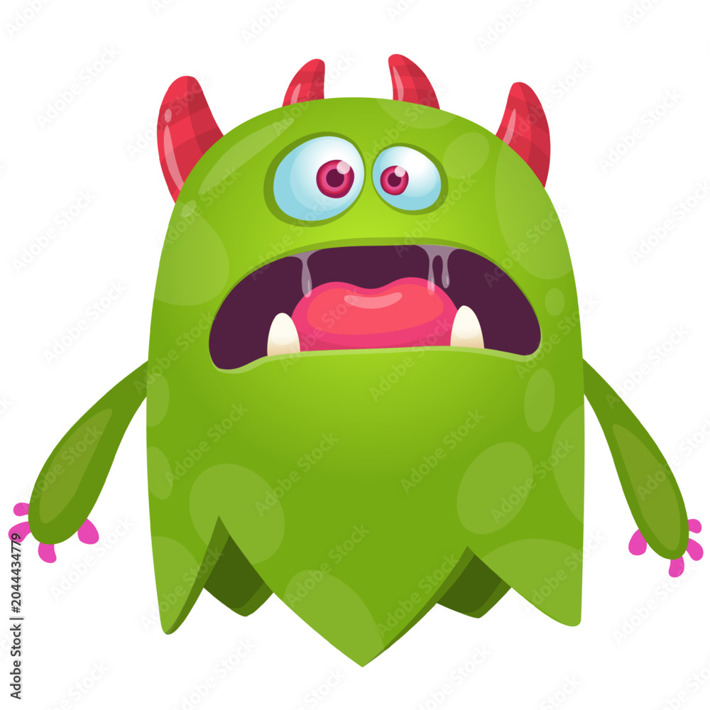 Fototapeta premium Cartoon cute and funny flying monster with scary face expression waving hands . Vector illustration isolated on white