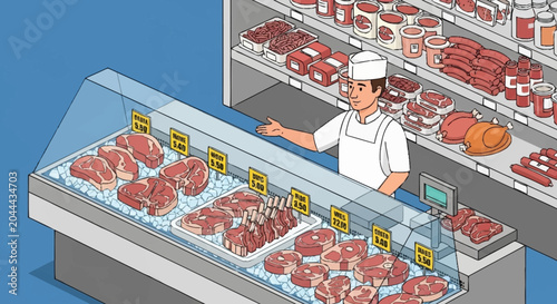 Tableau sur toile Butcher shop with meat display case.