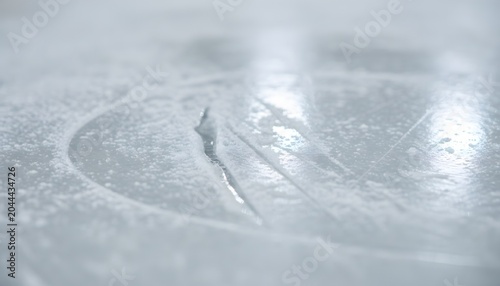 Close up of a textured frozen ice surface with a deep scratch and blade marks on a skating rink floor, representing a winter sports and athletic endurance concept