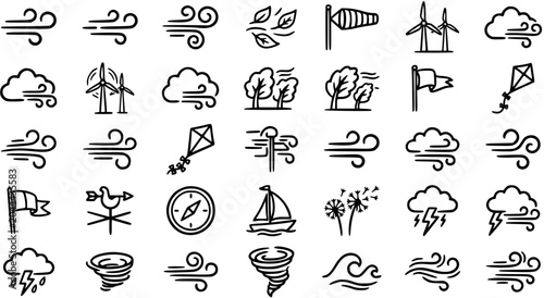Black and White Line Art Icons of Wind and Weather Symbols for Meteorology