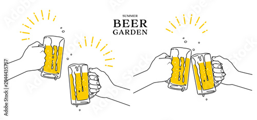 ビールジョッキを持って乾杯している手の線画 イラスト素材セット ベクター 白背景