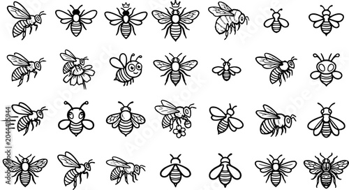 Принти на полотні Black  White Line Art Bee  Honeybee Icon Set: Nature, Pollination, and Garden Ec