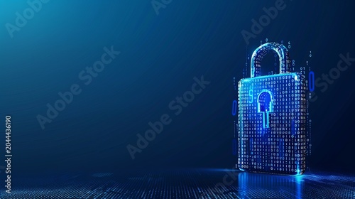 Central holographic blue padlock surrounded by falling digit streams on a dark gradient background