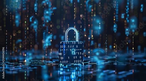 Central holographic blue padlock surrounded by falling binary code streams on dark background